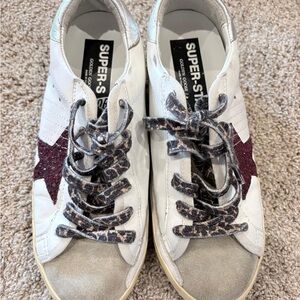 Golden Goose White and Burgundy Star Sneakers